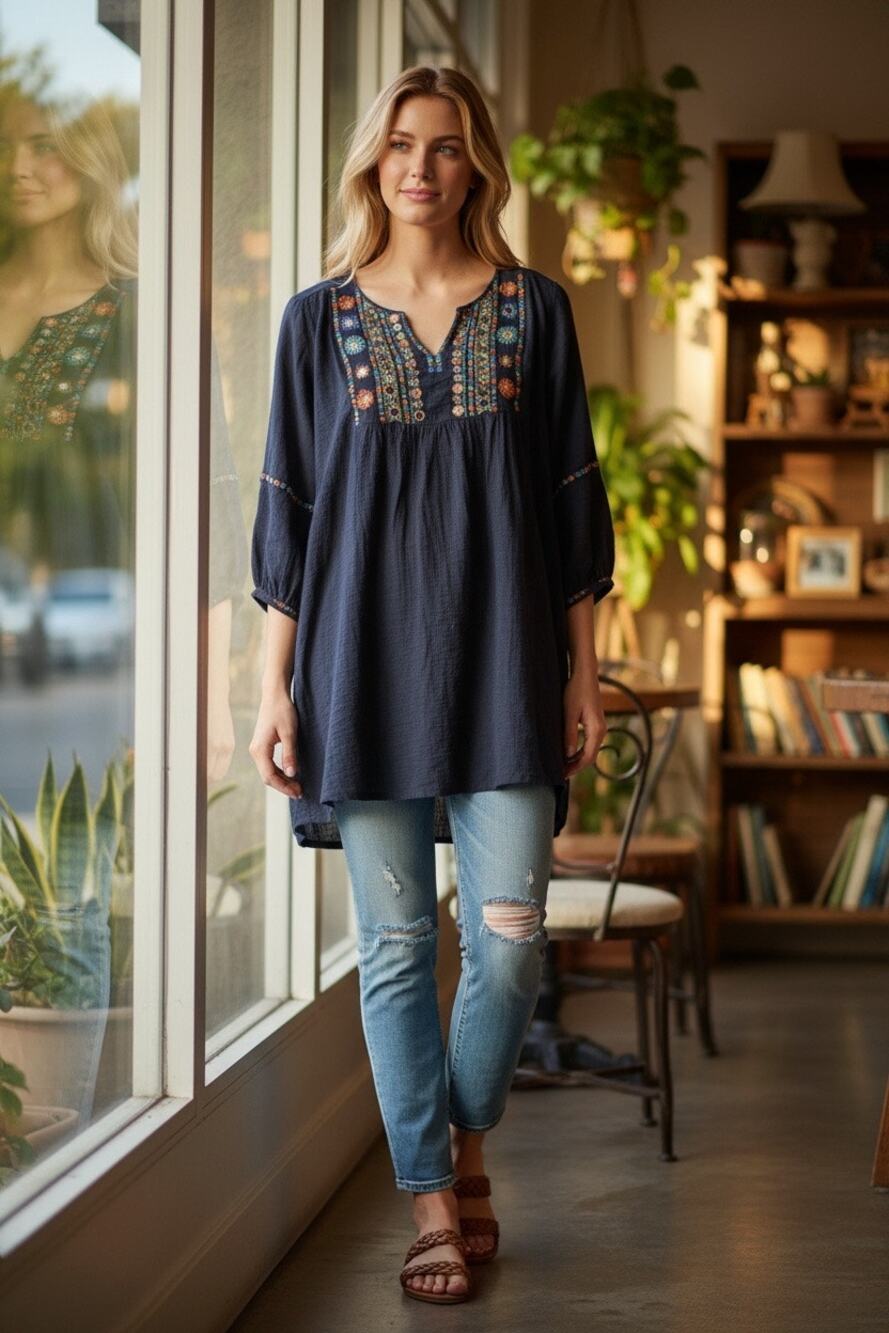 Cato Women’s XL Navy Blue Embroidered Peasant Boho Tunic Top 3/4 Sleeve